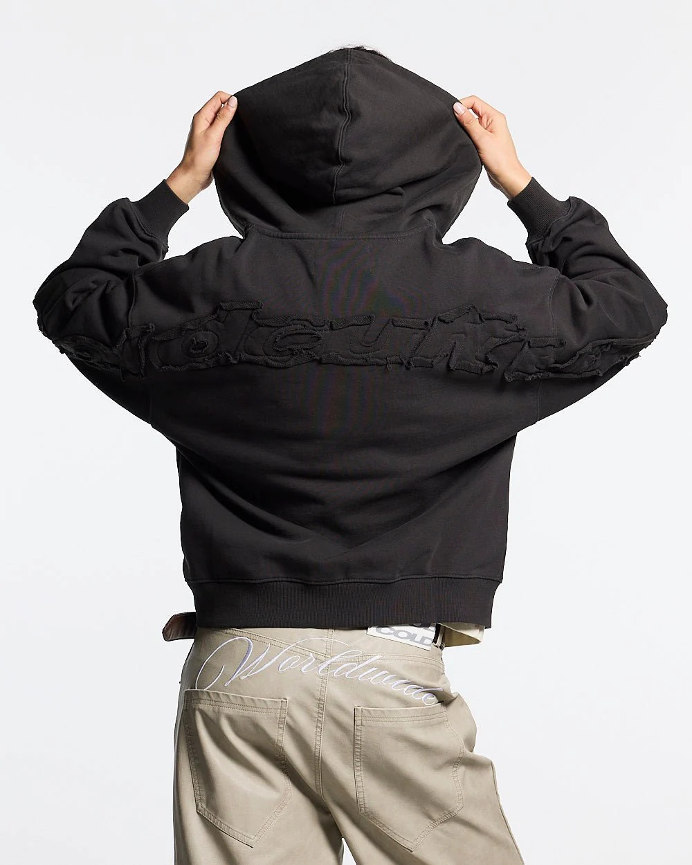 DISTRESS CURVED ZIP HOODIE DARK GREY - Image 5